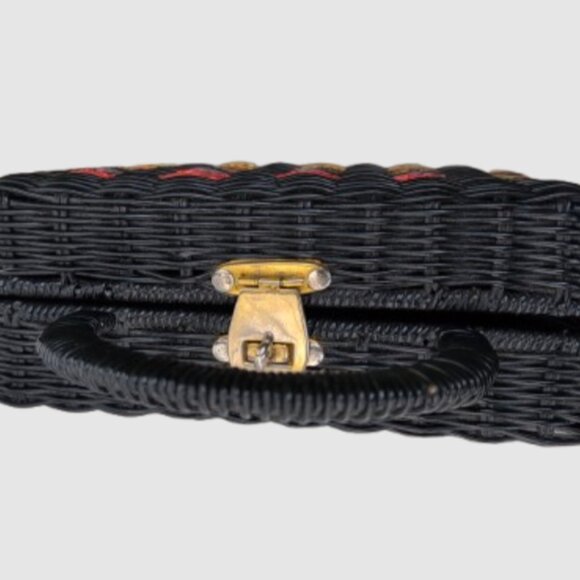 Vintage 1950s Wicker Black And Striped Handbag With Metal Closure - Picture 4 of 5